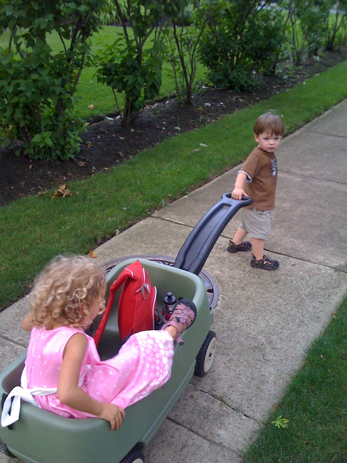 Brecken pulling Dahlia in the wagon